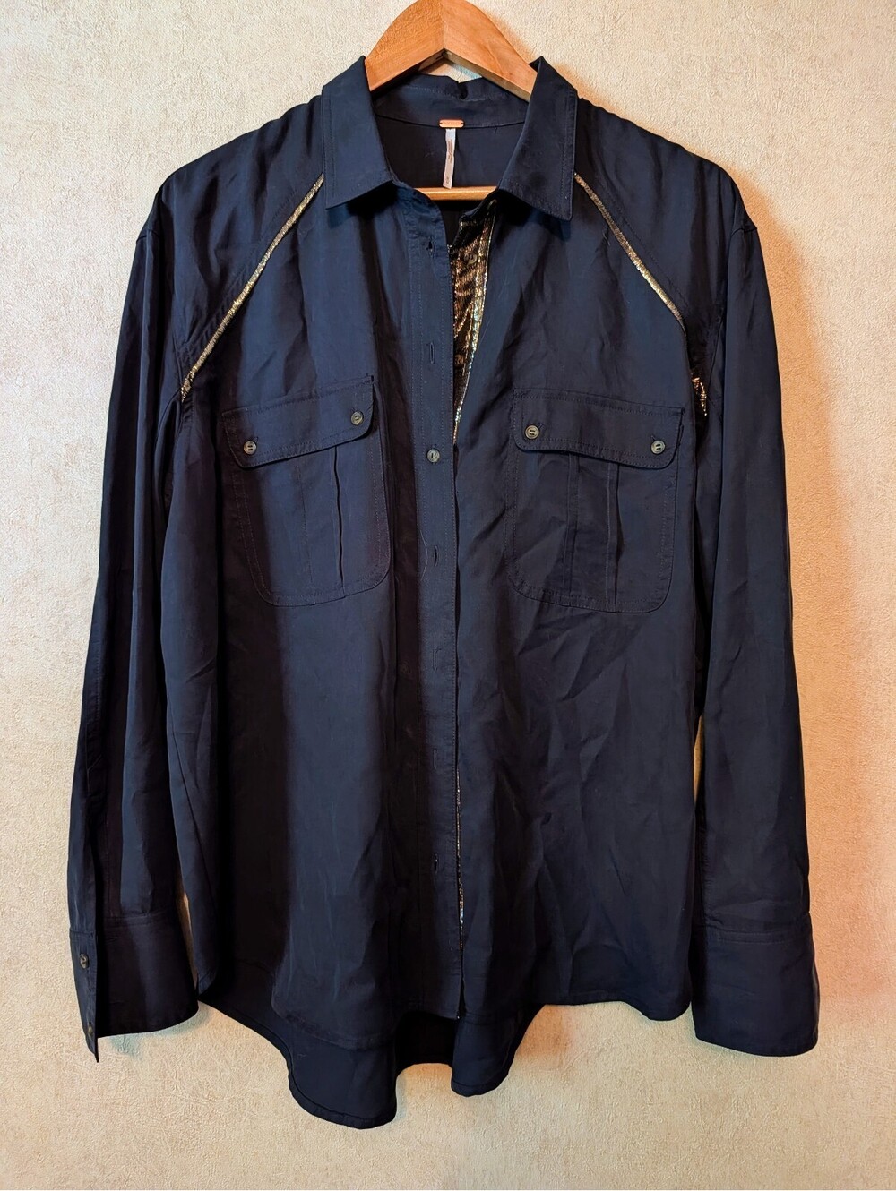 FREE PEOPLE navy off campus glitter button down shirt sz M